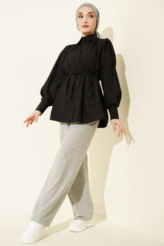 Shoulder Ruched Belted Poplin Shirt Black