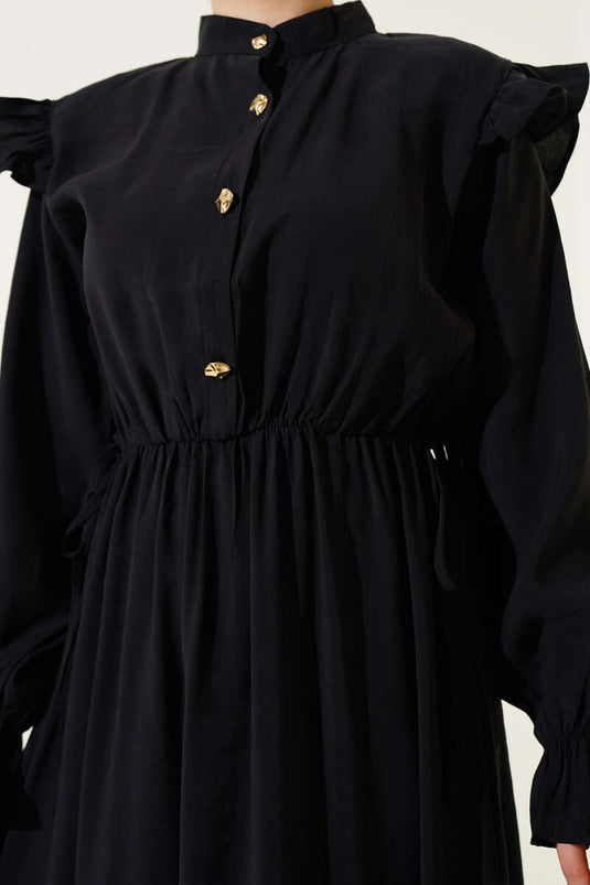 Half Buttoned Dress with Shoulder Gathers, Black