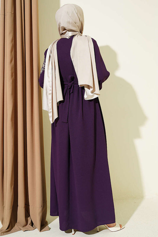 Kleid mit Schulterblumenstickerei und Knöpfen, Lila