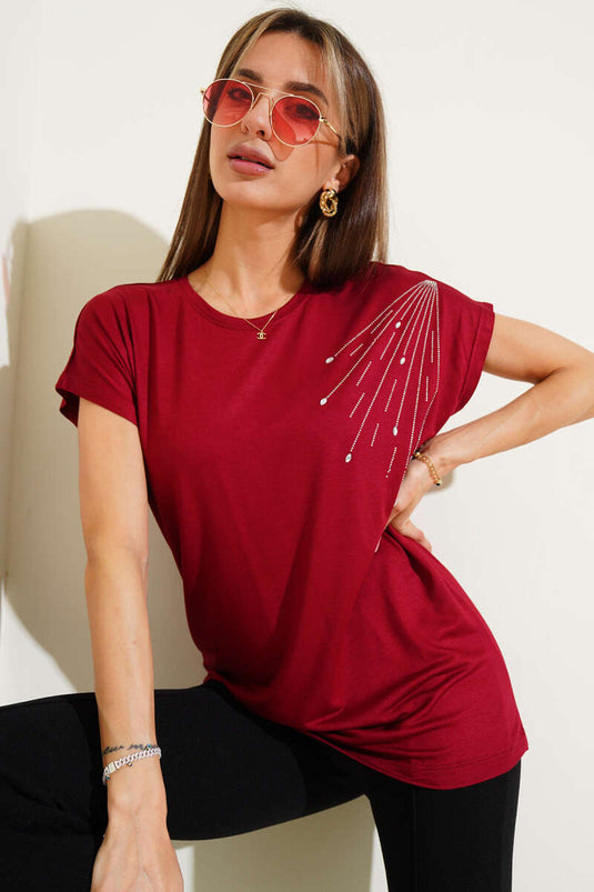 T-shirt à épaulettes effet pierre, rouge bordeaux