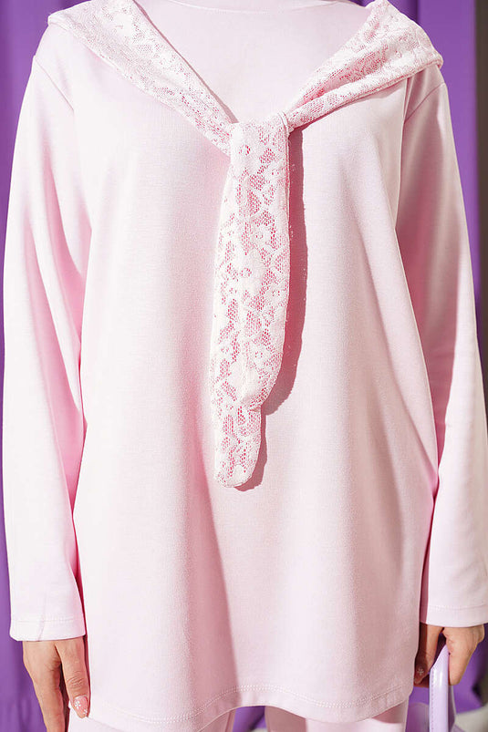 Ensemble double Loyşa avec écharpe en dentelle à l'épaule, rose