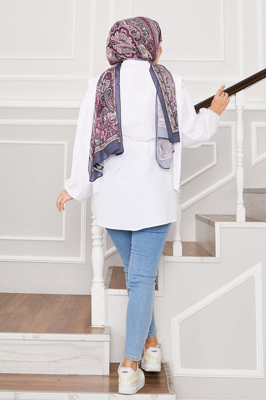 Omuz Detaylı Gizli Düğmeli Tesettür Gömlek Beyaz