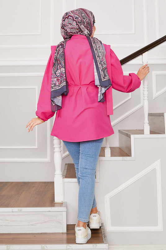 Omuz Detaylı Gizli Düğmeli Tesettür Gömlek Fuşya