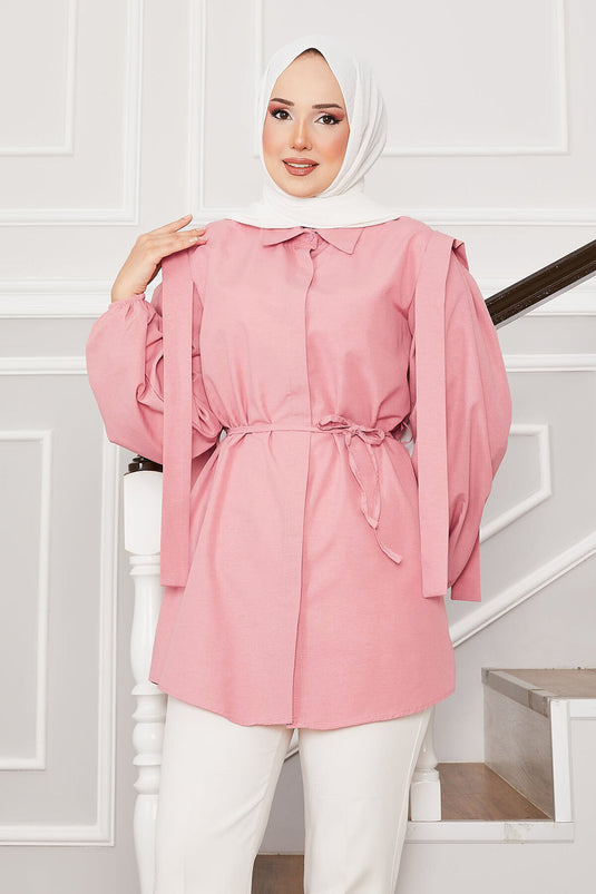 Omuz Detaylı Gizli Düğmeli Tesettür Gömlek Pudra