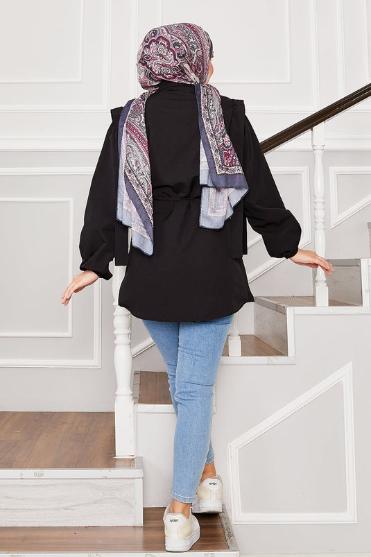 Omuz Detaylı Gizli Düğmeli Tesettür Gömlek Siyah