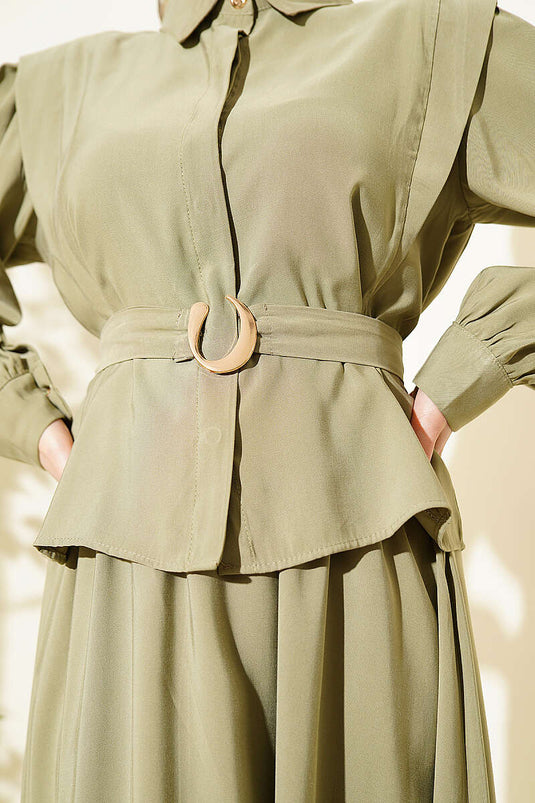 Two-Piece Set with Shoulder Detail, Belted Skirt in Olive Green