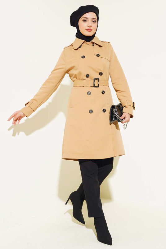 Shoulder Buttoned Shirt Collar Trench Coat Camel