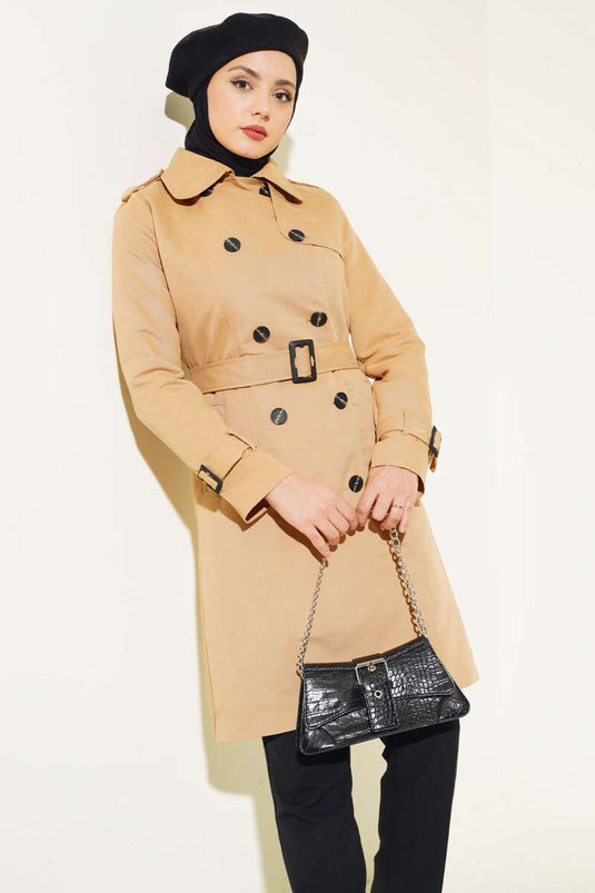 Shoulder Buttoned Shirt Collar Trench Coat Camel