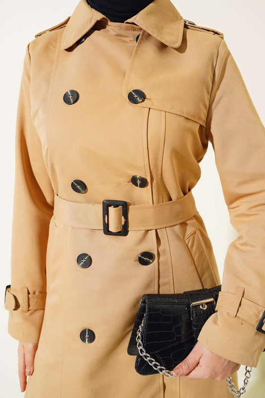 Shoulder Buttoned Shirt Collar Trench Coat Camel