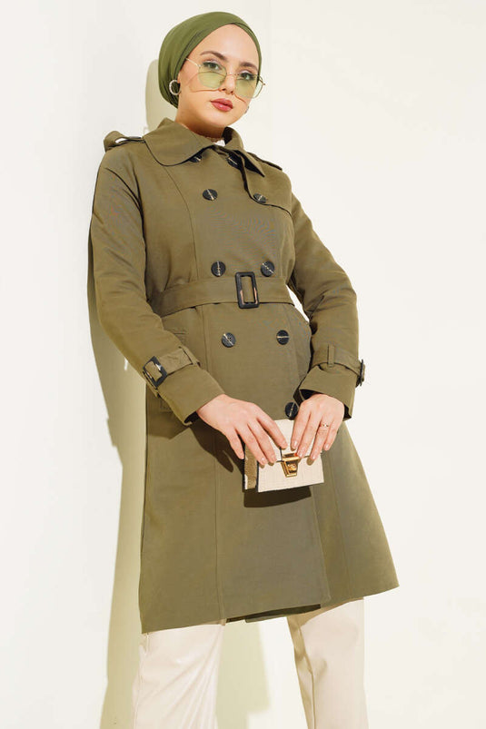 Shoulder Buttoned Shirt Collar Trench Coat Khaki