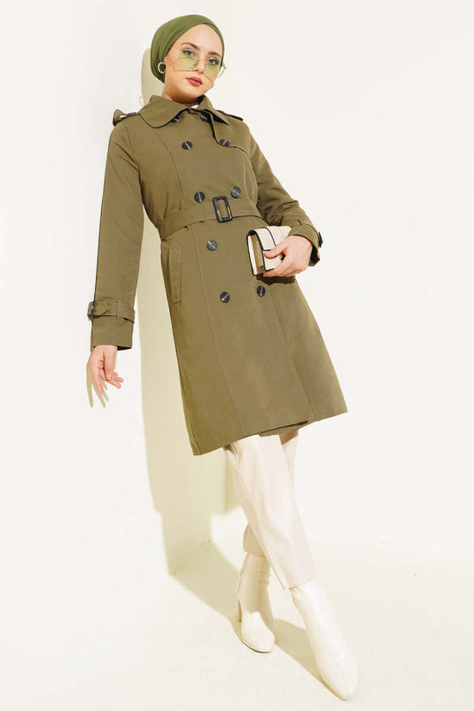 Shoulder Buttoned Shirt Collar Trench Coat Khaki