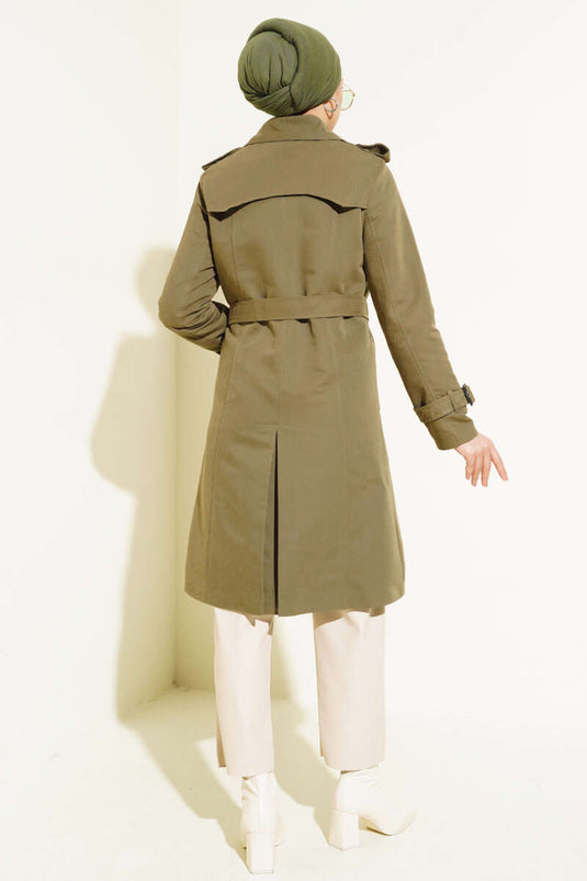 Shoulder Buttoned Shirt Collar Trench Coat Khaki