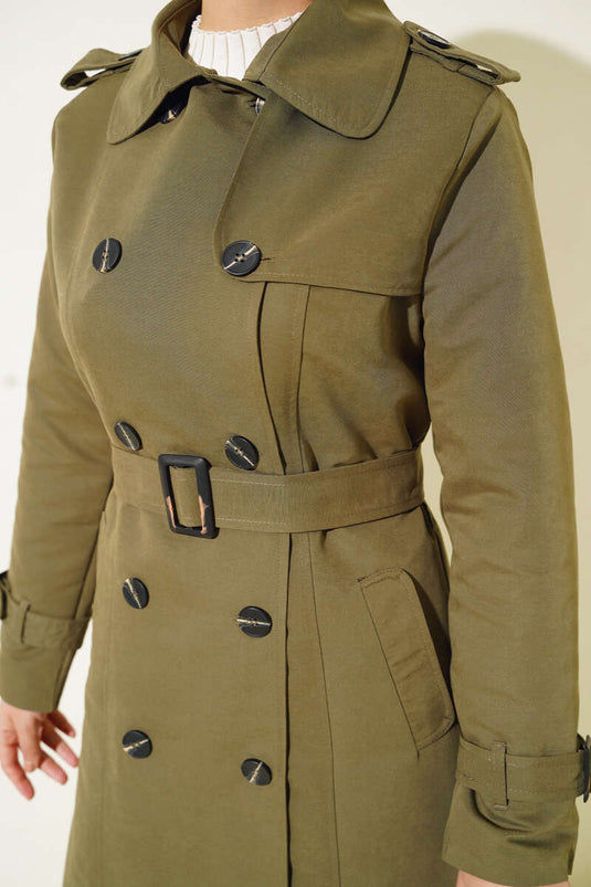 Shoulder Buttoned Shirt Collar Trench Coat Khaki