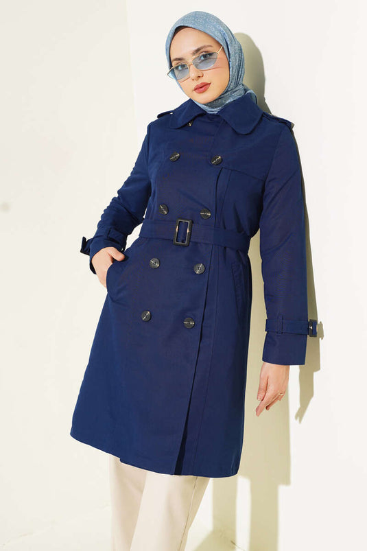 Shoulder Buttoned Shirt Collar Trench Coat Navy Blue