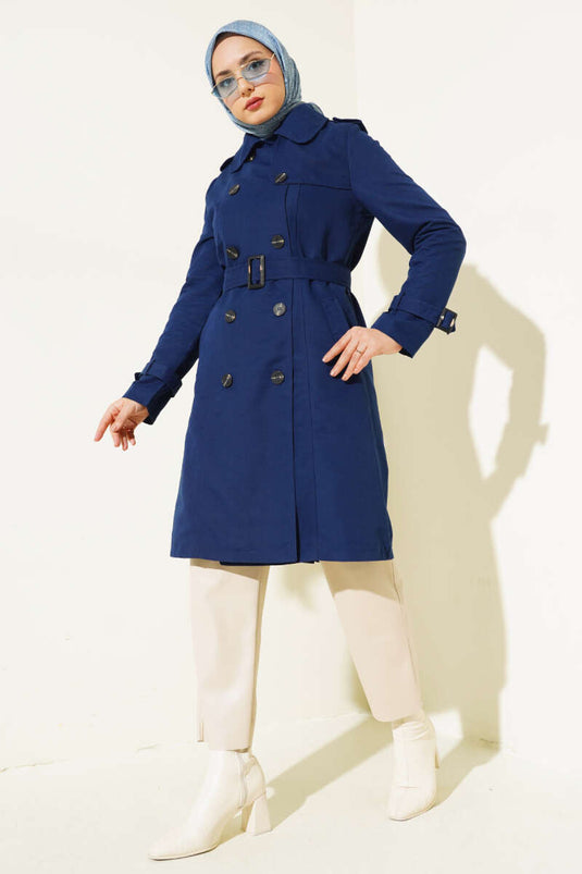 Shoulder Buttoned Shirt Collar Trench Coat Navy Blue