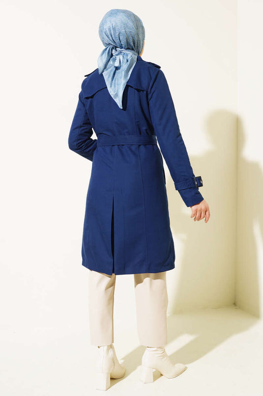 Shoulder Buttoned Shirt Collar Trench Coat Navy Blue