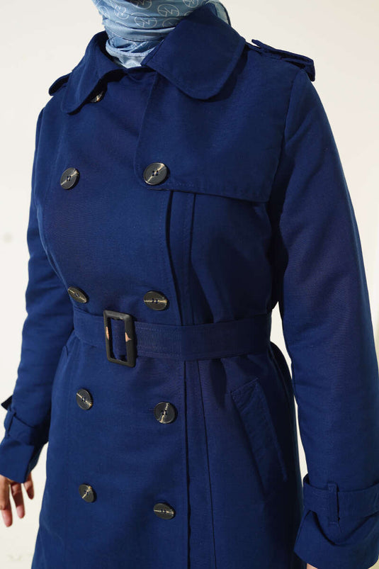 Trench Col Chemise Boutonné Epaule Bleu Marine