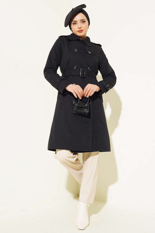 Shoulder Buttoned Shirt Collar Trench Coat Black