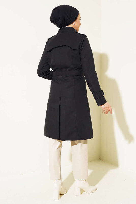 Shoulder Buttoned Shirt Collar Trench Coat Black