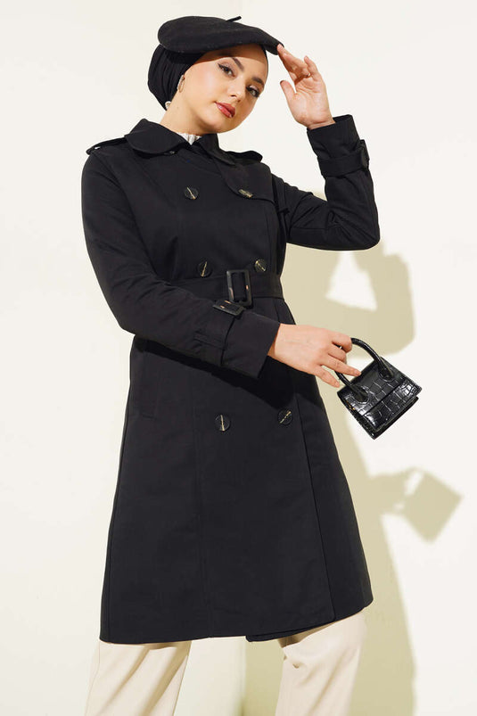 Shoulder Buttoned Shirt Collar Trench Coat Black