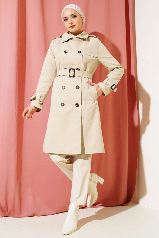 Shoulder Buttoned Shirt Collar Trench Coat Stone