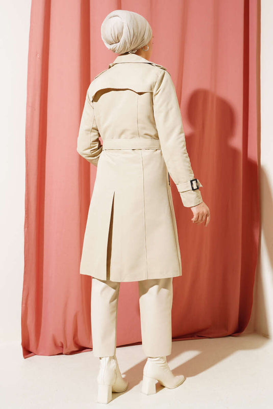 Shoulder Buttoned Shirt Collar Trench Coat Stone