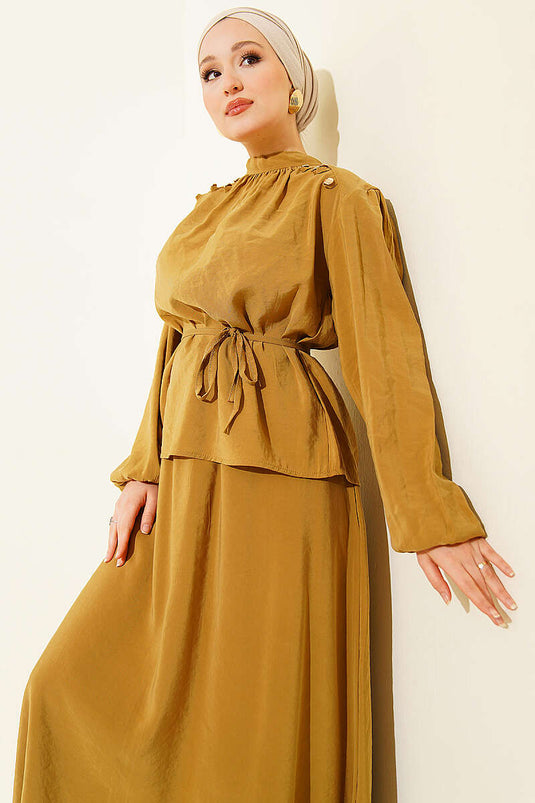 Shoulder Buttoned Tie-Belt Modal Skirt Set Olive Green
