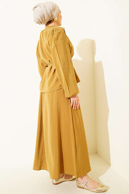 Shoulder Buttoned Tie-Belt Modal Skirt Set Olive Green