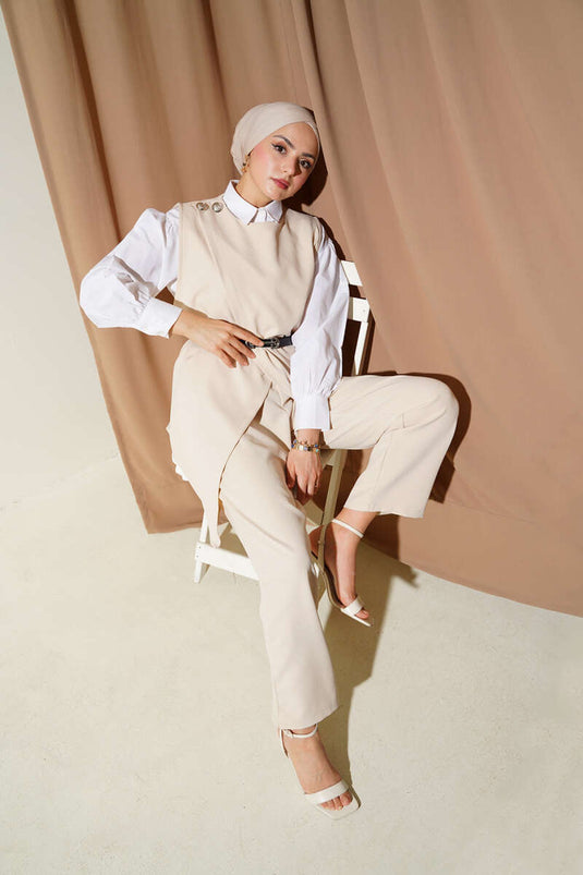 Shoulder Buttoned Belted Vest Two-Piece Set Beige