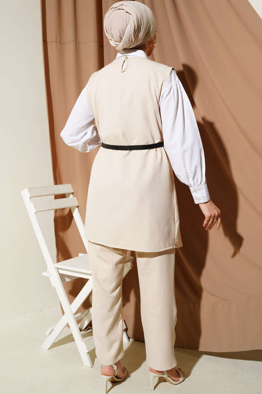 Shoulder Buttoned Belted Vest Two-Piece Set Beige
