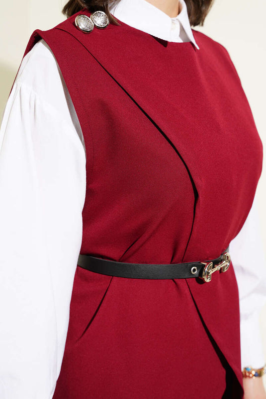 Weste mit Schulterknöpfen und Gürtel, zweiteiliges Set, Weinrot