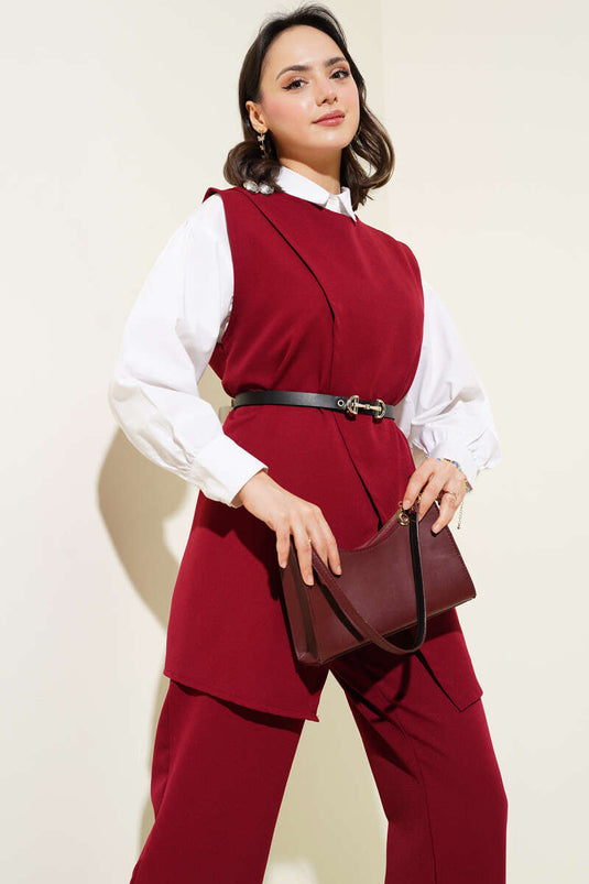 Weste mit Schulterknöpfen und Gürtel, zweiteiliges Set, Weinrot