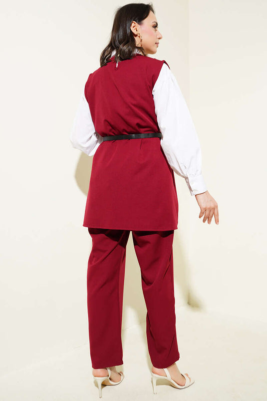 Weste mit Schulterknöpfen und Gürtel, zweiteiliges Set, Weinrot