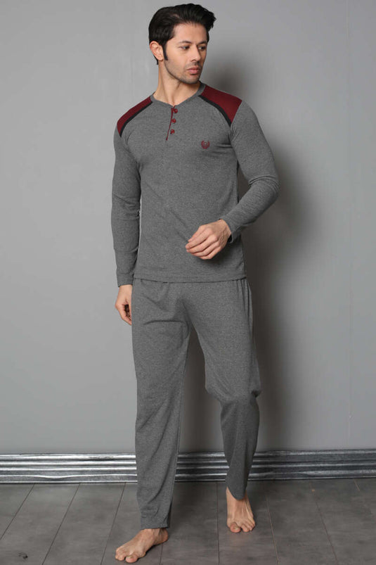 Ensemble pyjama homme à manches longues et boutons sur les épaules, couleur fumée