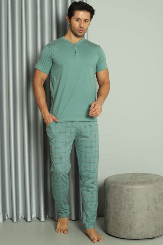 Ensemble pyjama homme à carreaux, manches courtes, vert