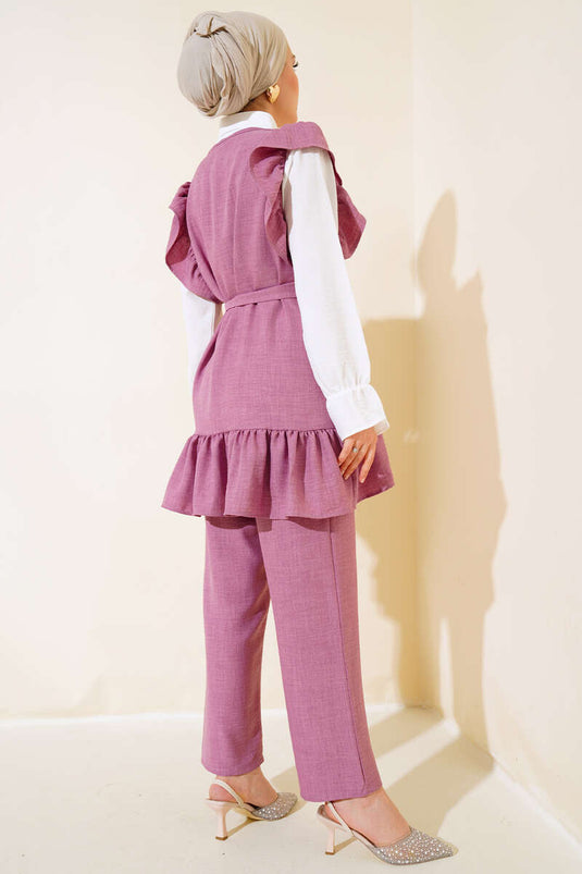 Skulder Ruffle Triple Linen Suit, Dusty Rose