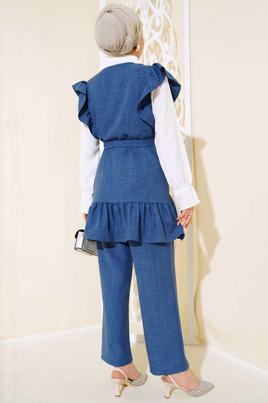 Skulder Ruffle Triple Linen Suit Indigo