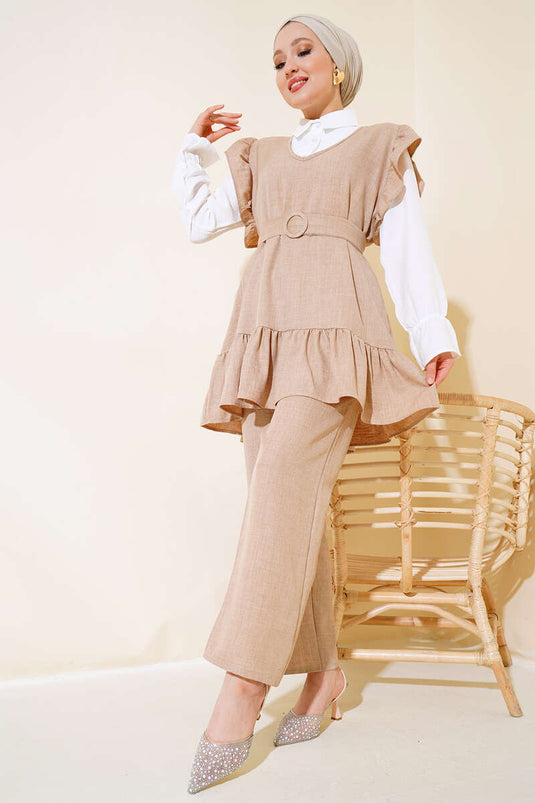 Skulder Ruffle Triple Linen Suit Latte