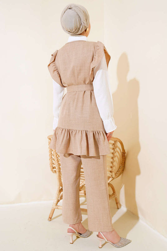 Skulder Ruffle Triple Linen Suit Latte