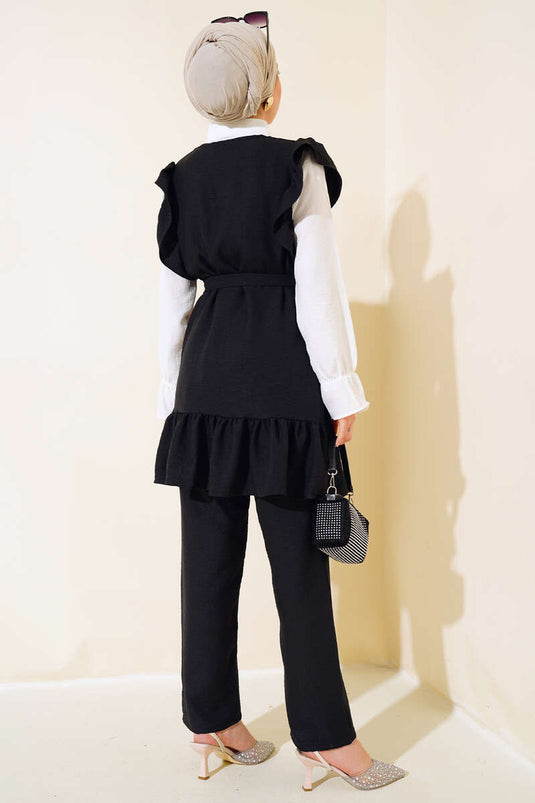 بدلة كتان ثلاثية الكتفين باللون الأسود