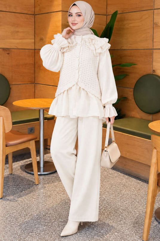 Ecru Ruffled Shoulder Knit Two-Piece Set