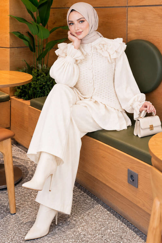 Ecru Ruffled Shoulder Knit Two-Piece Set