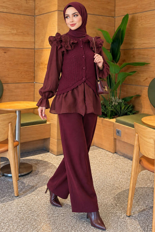 Purple Ruffled Shoulder Knit Set
