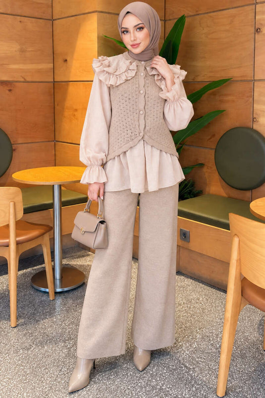 Ensemble De Tricot À Détails De Volants Aux Épaules En Mink
