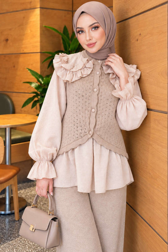 Ensemble De Tricot À Détails De Volants Aux Épaules En Mink