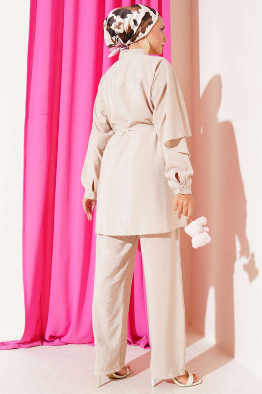 Shoulder Ruffle Cape Two Piece Suit Beige