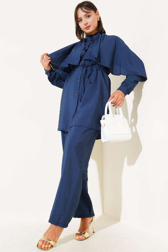 Shoulder Ruffle Cape Two Piece Suit Navy Blue