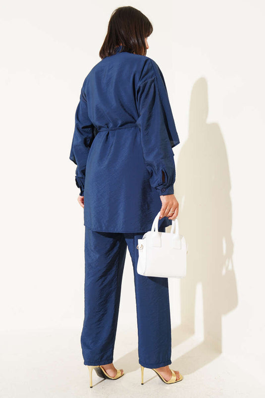 Shoulder Ruffle Cape Two Piece Suit Navy Blue