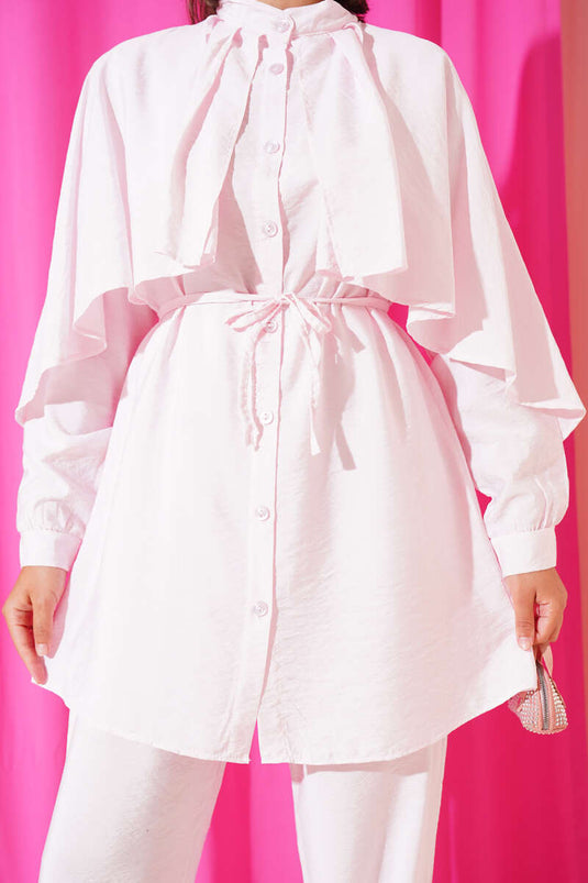 Shoulder Ruffle Cape Two Piece Suit Pink