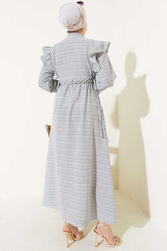 Gestreiftes Seersucker-Kleid mit Schulterrüschen Schwarz